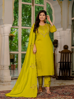 Marina Silk Embroidered Straight Kurti Set – Mustard Yellow
