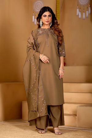 Viscose Mango Silk Embroidered Anarkali Kurti Set – Coffee