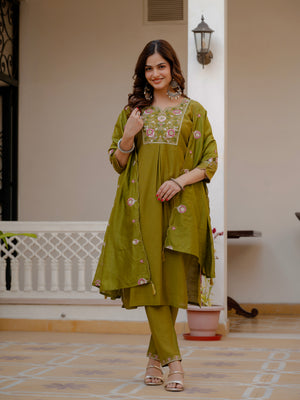 Pure Viscose Mango Silk Embroidered Straight Kurti Set – Mahendi Green