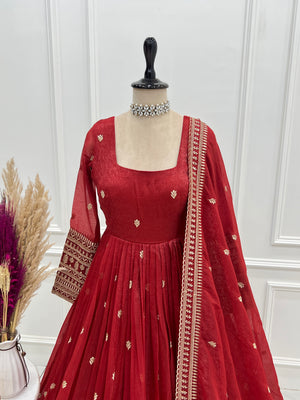 Crunchy Silk Embroidered Gown Set – Rust