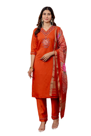 Marina Viscose Silk Embroidered Straight Kurti Set – Orange