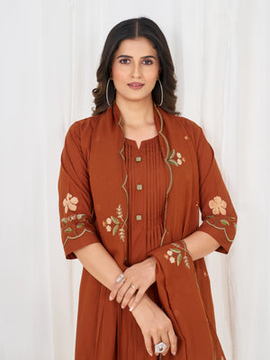 Pure Cotton Embroidered Anarkali Kurti Set – Rust