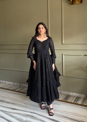 Georgette Embroidered Anarkali Set – Black