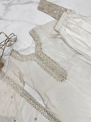 Chinon Silk Embroidered Straight Kurta Set – Ivory
