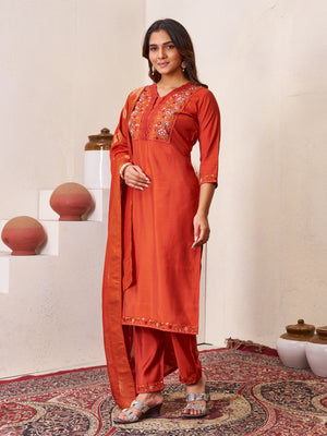 Roman Silk Embroidered Straight Kurti Set – Rust