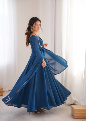 Georgette Embroidered Gown Set – Teal Blue