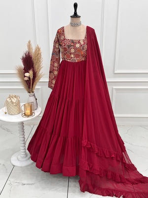 Georgette Embroidered Anarkali Set – Wine
