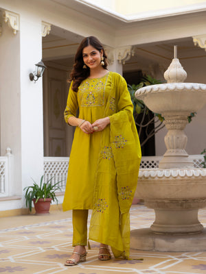 Pure Viscose Mango Silk Embroidered Straight Kurti Set – Yellow