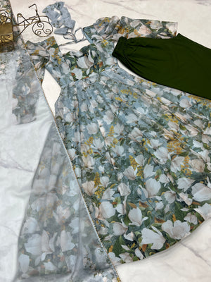 Organza Silk Printed Anarkali Set – Powder Blue Floral