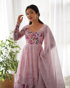 Organza Silk Printed Anarkali Set – Pink