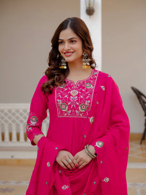 Pure Viscose Mango Silk Embroidered Straight Kurti Set – Pink