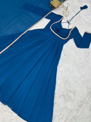 Georgette Embroidered Gown Set – Teal Blue