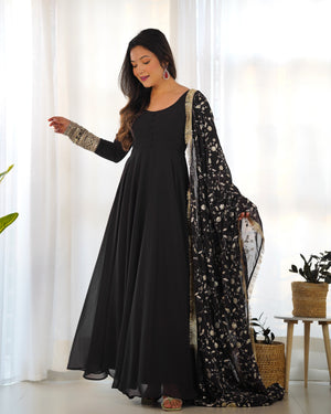 Georgette Embroidered Gown Set – Black