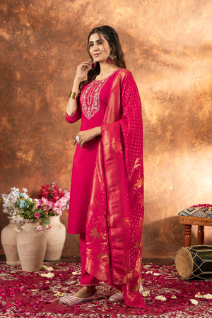 Marina Silk Embroidered Straight Kurti Set – Pink