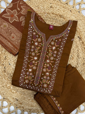Pure Viscose Mango Silk Embroidered Straight Kurti Set – Coffee