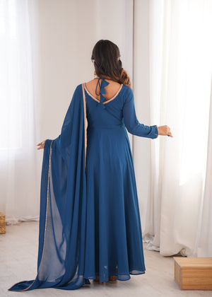 Georgette Embroidered Gown Set – Teal Blue