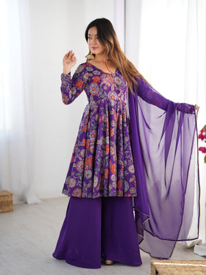 Roman Chanderi Silk Printed Kurta-Palazzo Set – Purple
