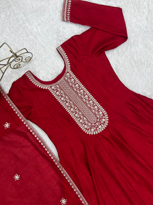 Vichitra Silk Embroidered Gown Set – Dark Red