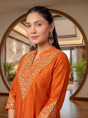 Cp Vichitra Silk Embroidered Kurta Pant Dupatta Set – Rust Orange