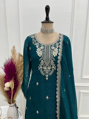 Crunchy Silk Embroidered Sharara Set – Teal Blue