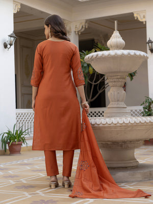 Pure Viscose Mango Silk Embroidered Straight Kurti Set – Rust