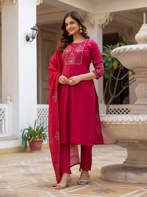 Pure Viscose Mango Silk Embroidered Straight Kurti Set – Pink