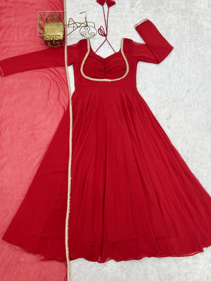 Georgette Embroidered Gown Set – Red