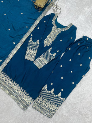 Chinon Silk Embroidered Straight Kurta Set – Navy Blue