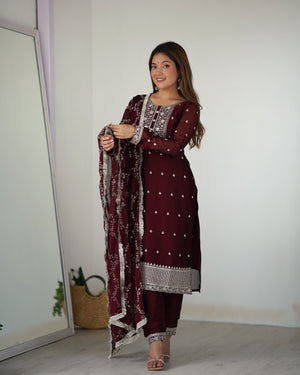 Rangoli Silk Embroidered Straight Kurta Set – Maroon
