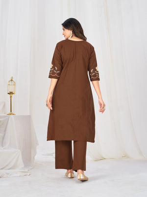 Pure Cotton Embroidered Anarkali Kurti Set – Coffee