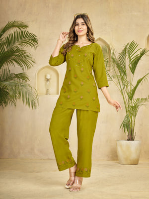 Heavy Rayon Embroidered Co-Ords Set – Mehndi