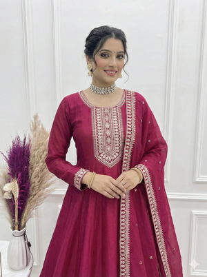 Vichitra Silk Embroidered Gown Set – Dark Pink