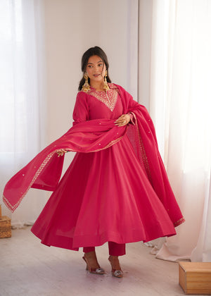 Roman Shimmer Silk Embroidered Anarkali Set – Rani Pink