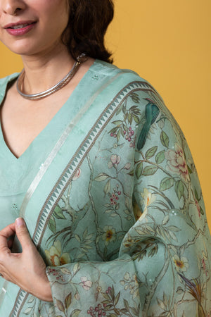 Viscose Chanderi Embroidered Kurta Pant Dupatta Set – Aqua Green