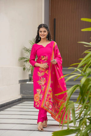 French Crepe Printed Kurta Pant Dupatta Set – Rani Pink