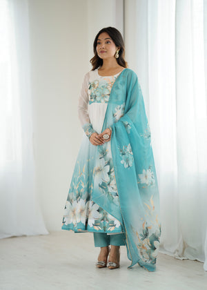 Organza Silk Printed Anarkali Set – Aqua Blue