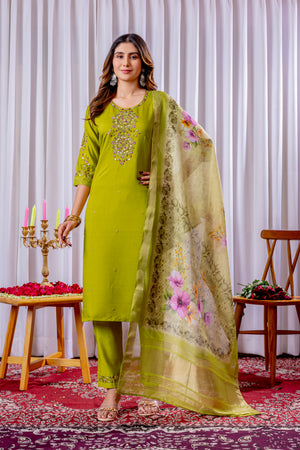 Viscose Silk Embroidered Straight Kurti Set – Parrot Green