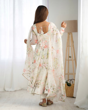Organza Silk Printed Anarkali Set – Off White
