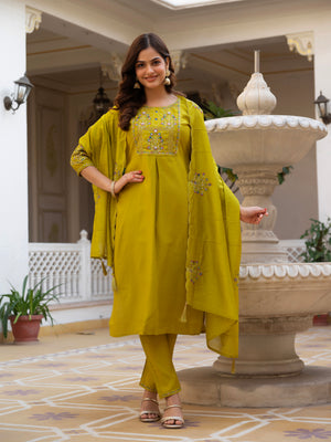 Pure Viscose Mango Silk Embroidered Straight Kurti Set – Yellow