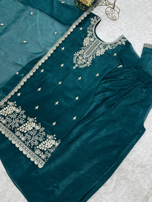 Crunchy Silk Embroidered Sharara Set – Teal Blue