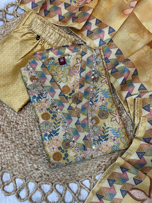 Zarna Silk Embroidered Straight Kurti Set – Mustard