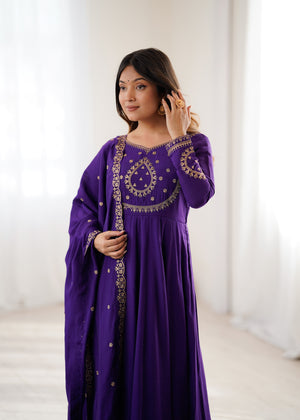 Roman Chanderi Silk Embroidered Anarkali Set – Purple