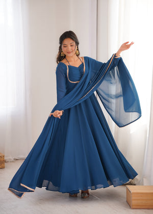 Georgette Embroidered Gown Set – Teal Blue