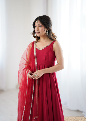 Roman Chanderi Silk Embroidered Anarkali Set – Maroon
