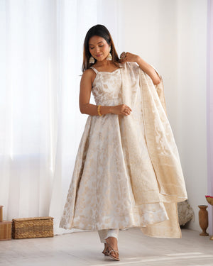 Fancy Banarasi Jackquard Dola Silk Fabric Designer Anarkali Set – Ivory