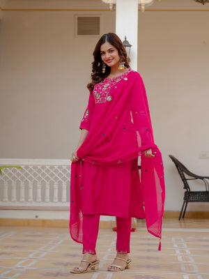 Pure Viscose Mango Silk Embroidered Straight Kurti Set – Pink