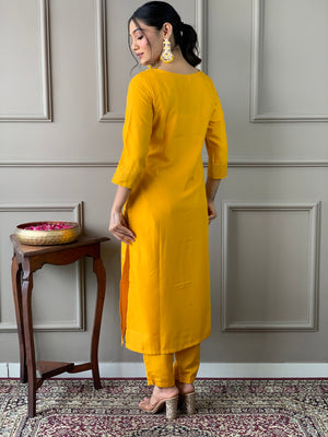 Rayon Slub Embroidered Kurta Pant Dupatta Set – Yellow