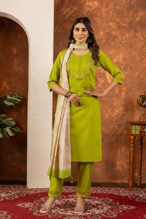Marina Silk Embroidered Straight Kurti Set – Parrot Green