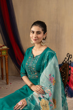Roman Silk Embroidered Straight Kurti Set – Rama Green