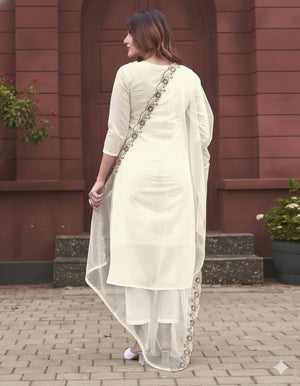 Rayon Slub Embroidered Kurta Pant Dupatta Set – Ivory